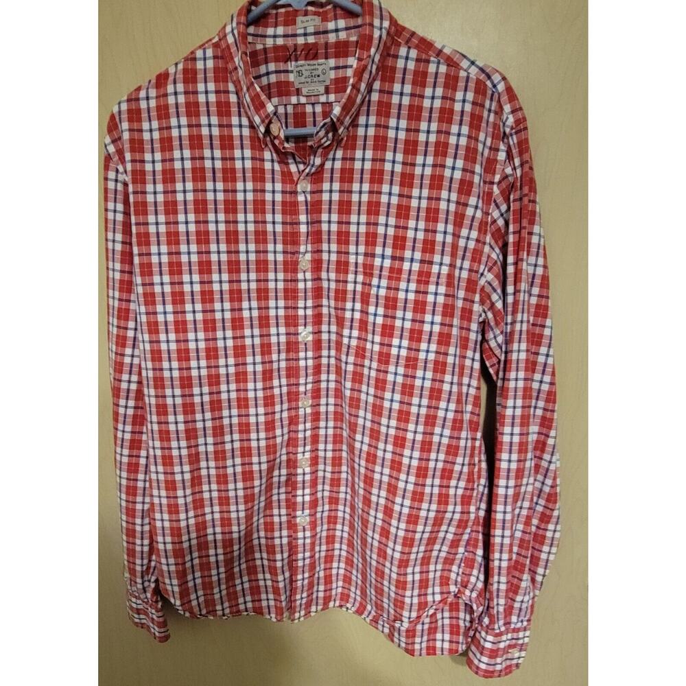 Tailored by J.CREW Mens Large Red White Cotton Long Sleeve Button Down Shirt